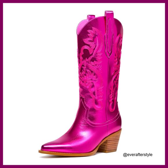 Shoes - Glitter Metallic Embroidered Cowboy Boots Wide Calf Chunky Heel Pull On